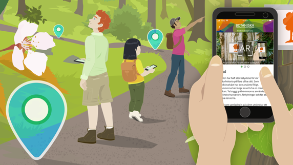 Illustration av familj som går promenad i mobilen