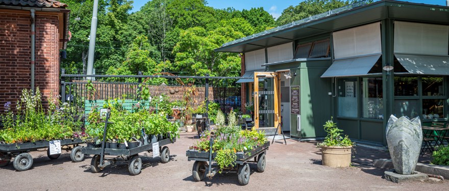 Botaniskas besökscentrum med försäljning av perenner på kärror utanför ingången.