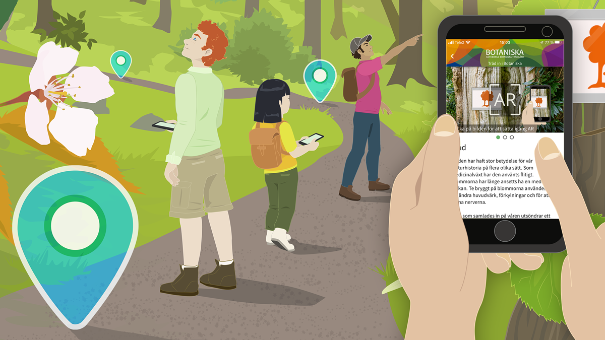 Illustration av familj som går guidad tur med AR i mobilen